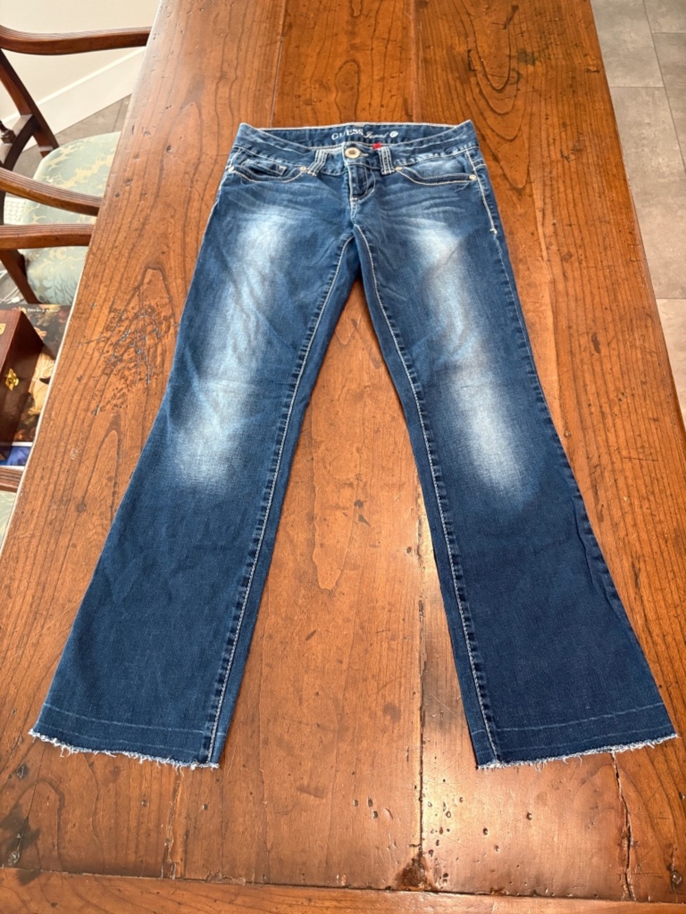 GUESS Daredevil Bootcut Jeans Blue Whiskered Raw Hem Low Rise Size 27